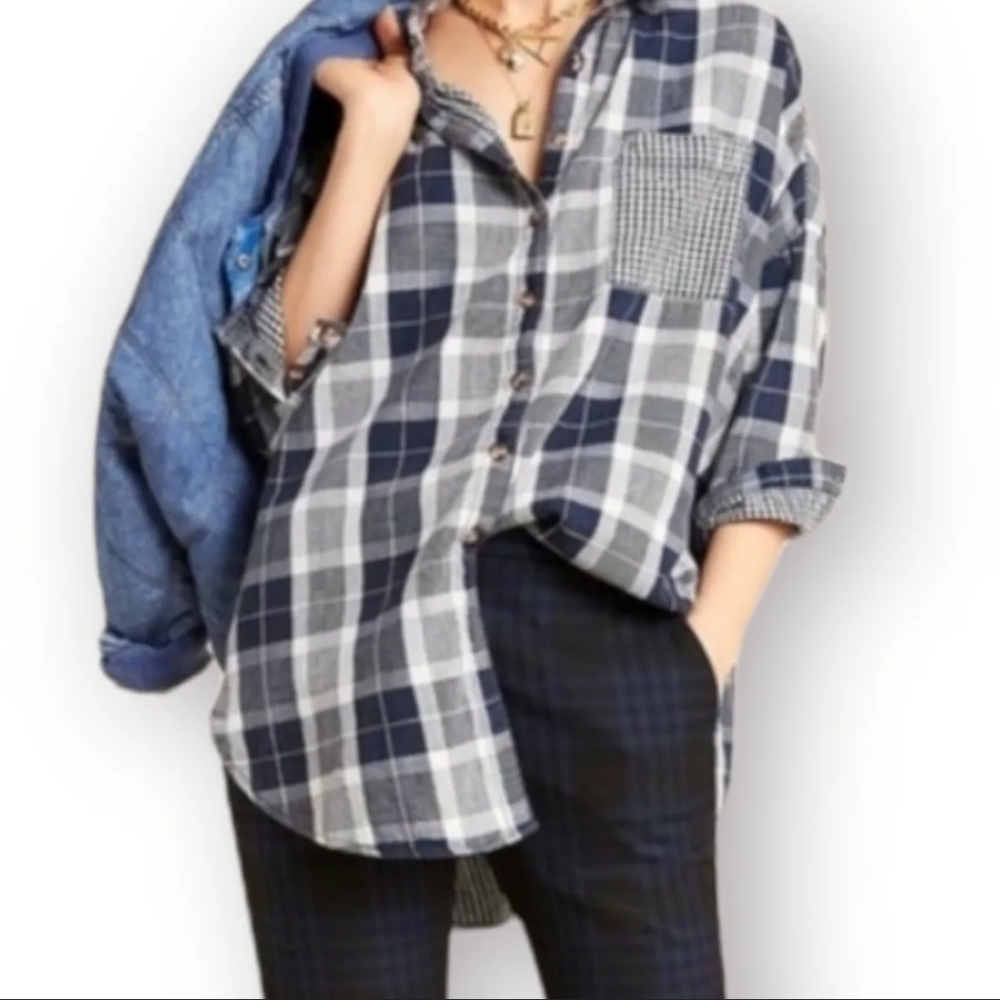 Anthropologie Pilcro Boyfriend Plaid Shirt Sz XS/S Oversized Blue Button Down